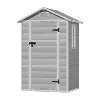 Freestanding 4x3ft grey plastic outdoor tool shed – durable resin storage with hinged lockable door