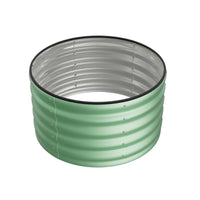 Round galvanized steel raised garden bed in light green – durable and functional garden planter for flowers and herbs