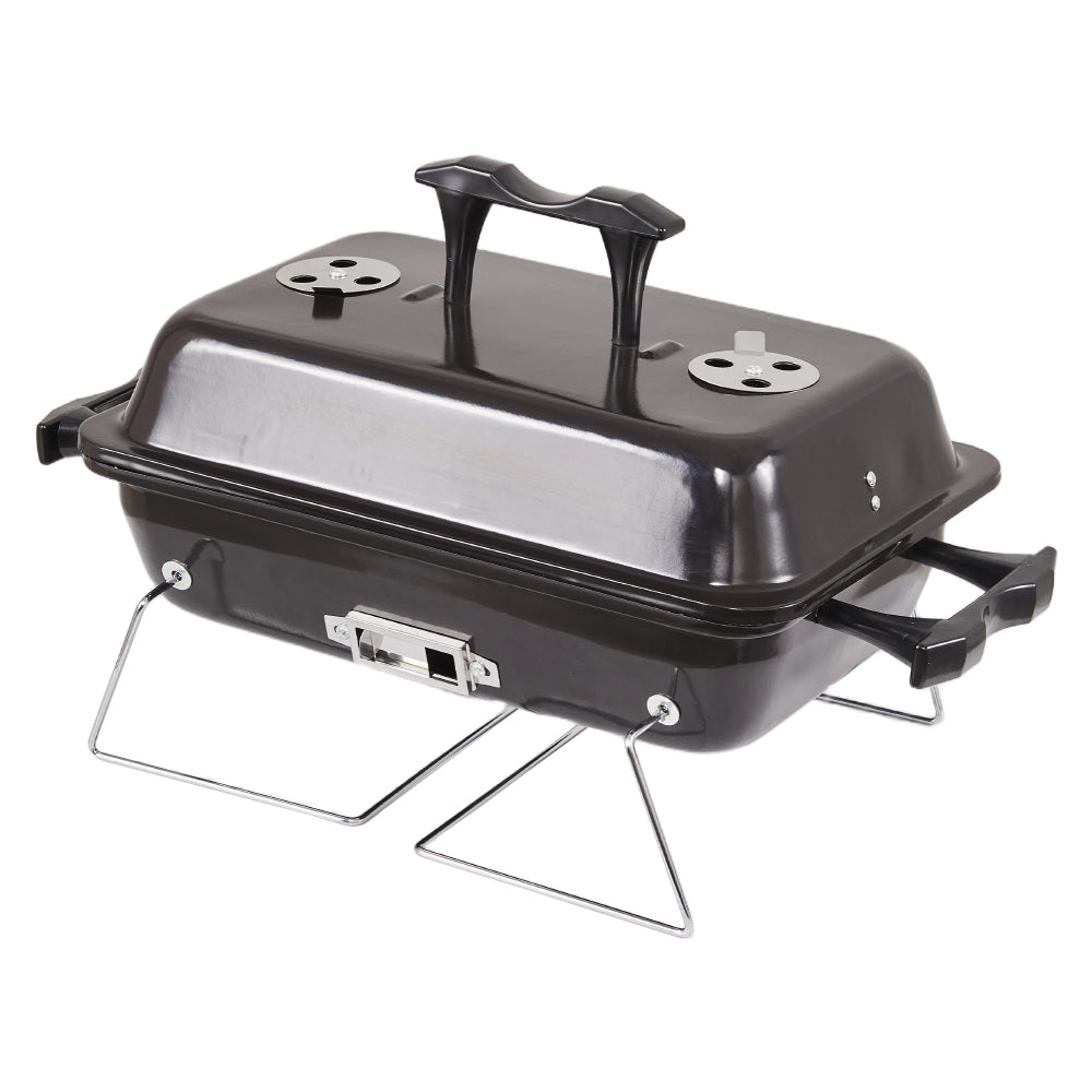 Small portable BBQ grill smoker with lid – tabletop charcoal barbecue with handle and ventilation design