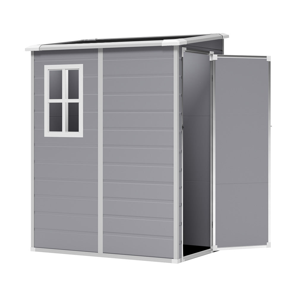 Freestanding 5x4ft grey resin storage shed – durable plastic garden shed with sloped roof and secure design