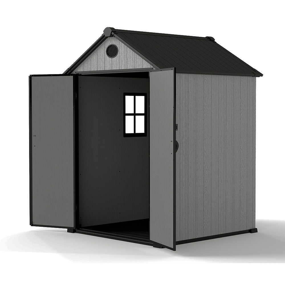 6ft Grey Wood Grain Tool Shed with Apex Roof & Lockable Door