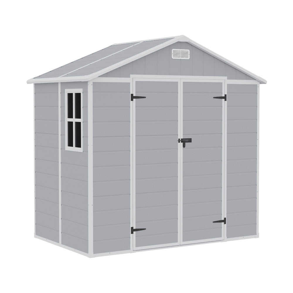 Freestanding 8x4ft grey plastic storage shed for garden tools – robust design with sloped roof