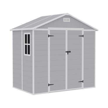 Freestanding 8x4ft grey plastic storage shed for garden tools – robust design with sloped roof