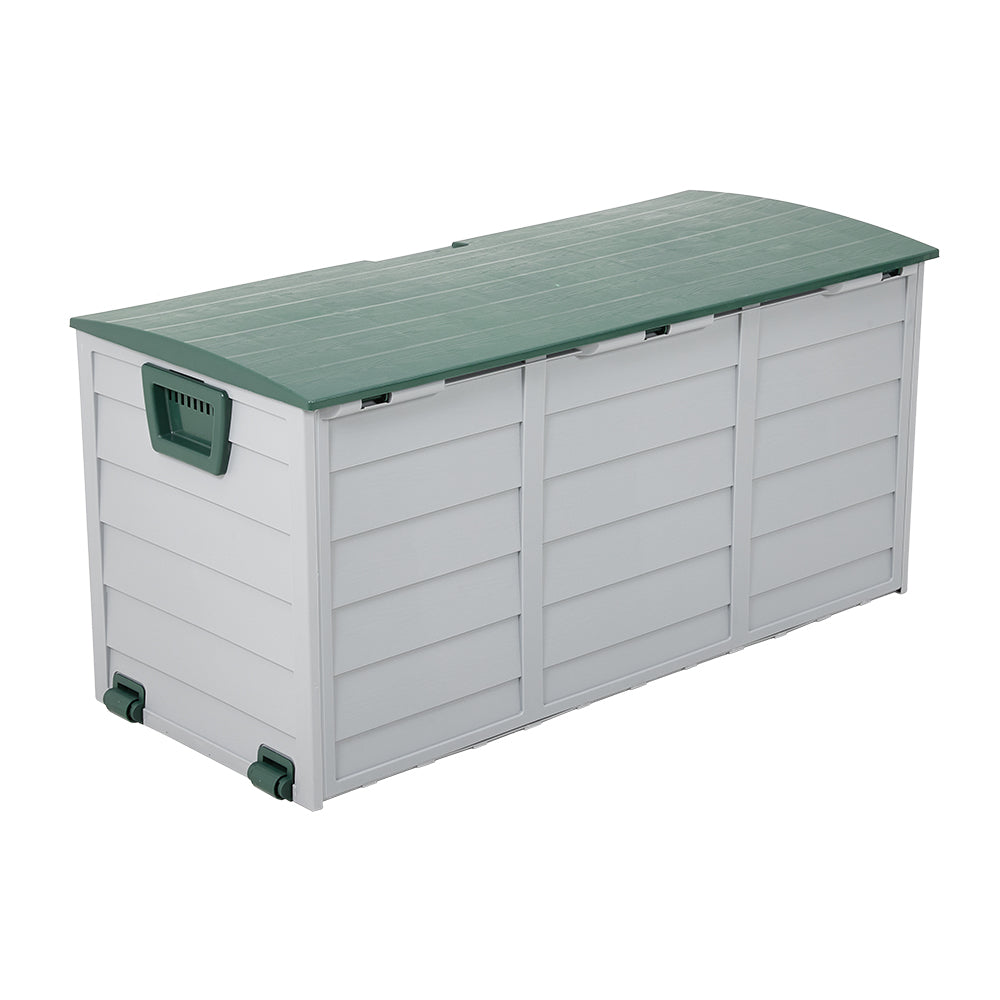 Green and light grey 290L plastic deck box with wheels – waterproof outdoor storage solution