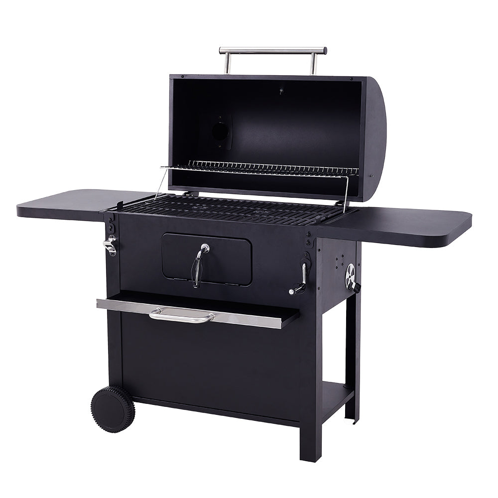 Carbon Steel Charcoal Grill with Smoke Stack and Wheels – Black Outdoor BBQ on White Background