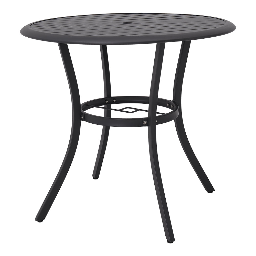 80cm round black metal patio table with slatted top and central umbrella hole – studio product image