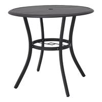80cm round black metal patio table with slatted top and central umbrella hole – studio product image