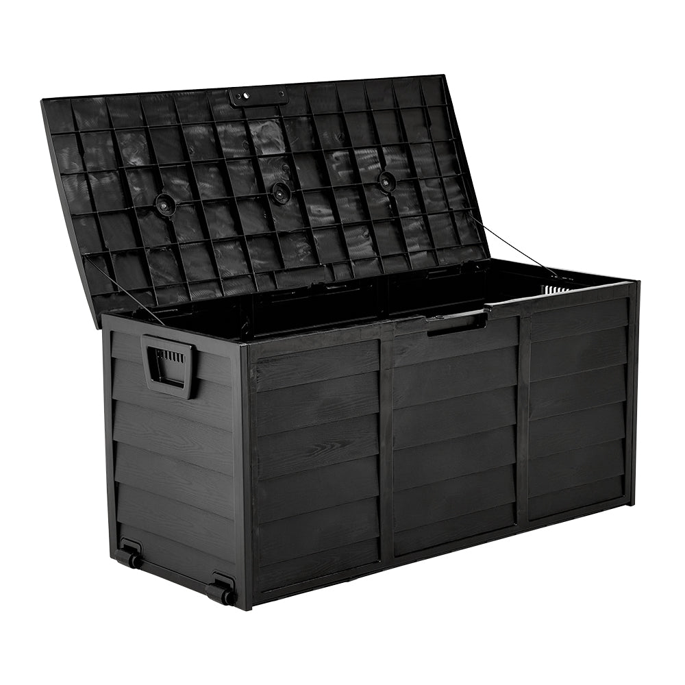 Black weather-resistant 290L plastic deck box with wheels – multipurpose outdoor container