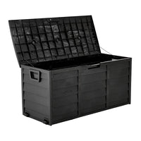 Black weather-resistant 290L plastic deck box with wheels – multipurpose outdoor container