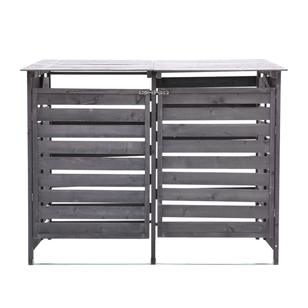 natural spruce wooden bin storage shed 5x3ft with hinged double doors and pitched roof, isolated on white background