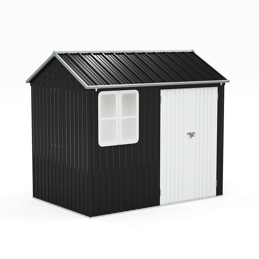 Freestanding 8x5ft metal apex roof storage shed in black – durable outdoor garden shed with lockable doors