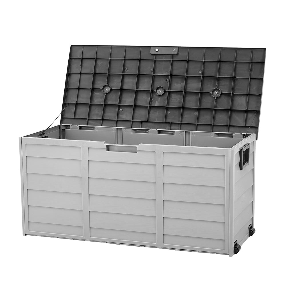 Dark grey and light grey plastic outdoor storage box – 290L capacity with wheeled design