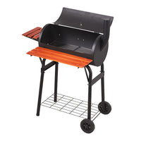 Portable barrel charcoal BBQ grill smoker with side shelves on white background – outdoor cooking equipment for garden and patio use