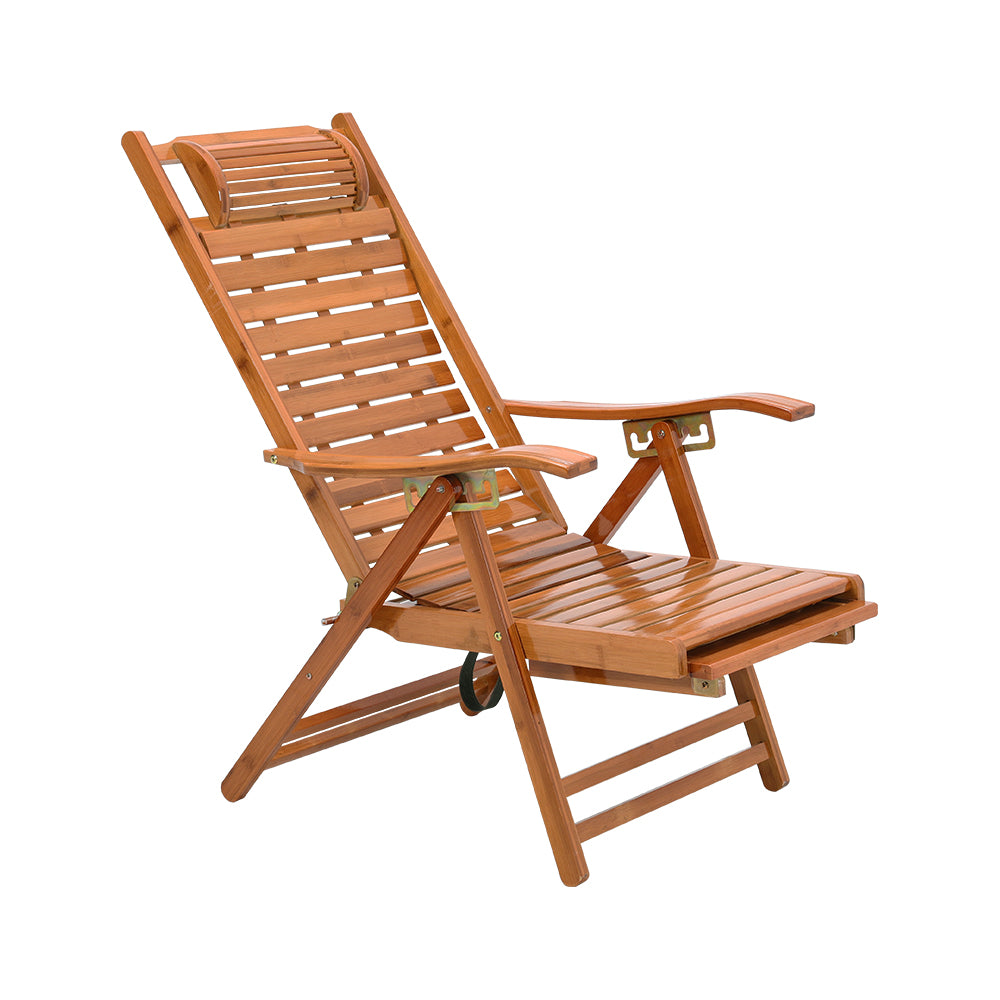 Brown bamboo garden recliner with ergonomic design and foldable footrest – product display