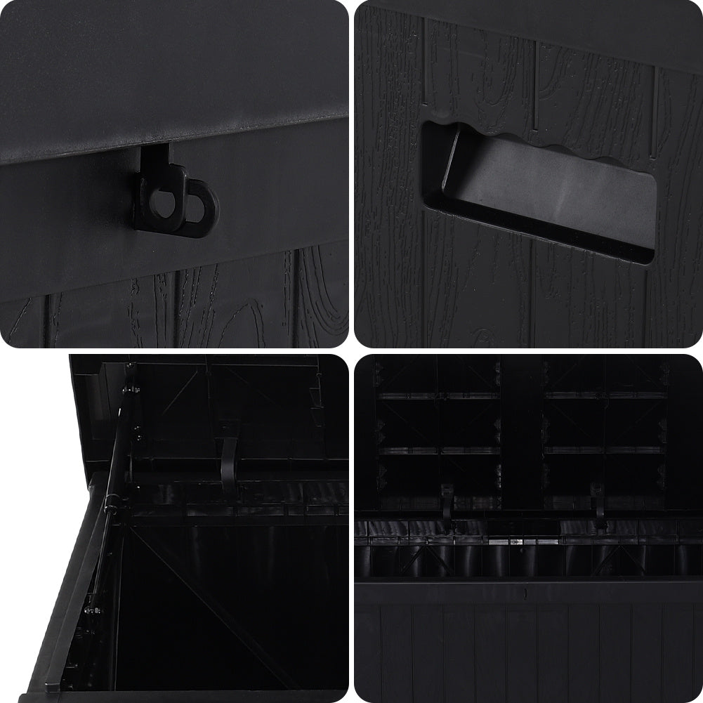 430L Black Storage Box Close-Up Details – Lid Hinge, Lock, Handles and Waterproof Seal