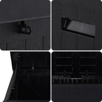 430L Black Storage Box Close-Up Details – Lid Hinge, Lock, Handles and Waterproof Seal