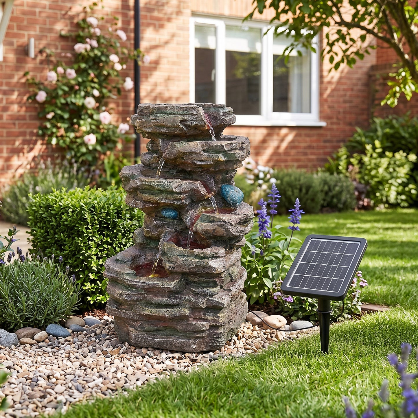 Solar-Powered Outdoor Garden Water Fountain with Cascading Tiers and LED Lights