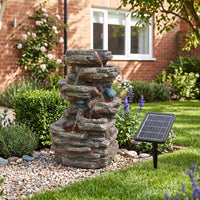 Solar-Powered Outdoor Garden Water Fountain with Cascading Tiers and LED Lights