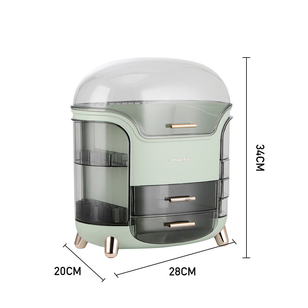 Mint cosmetic storage organizer, 34x28x20 cm, clear dome lid, drawers