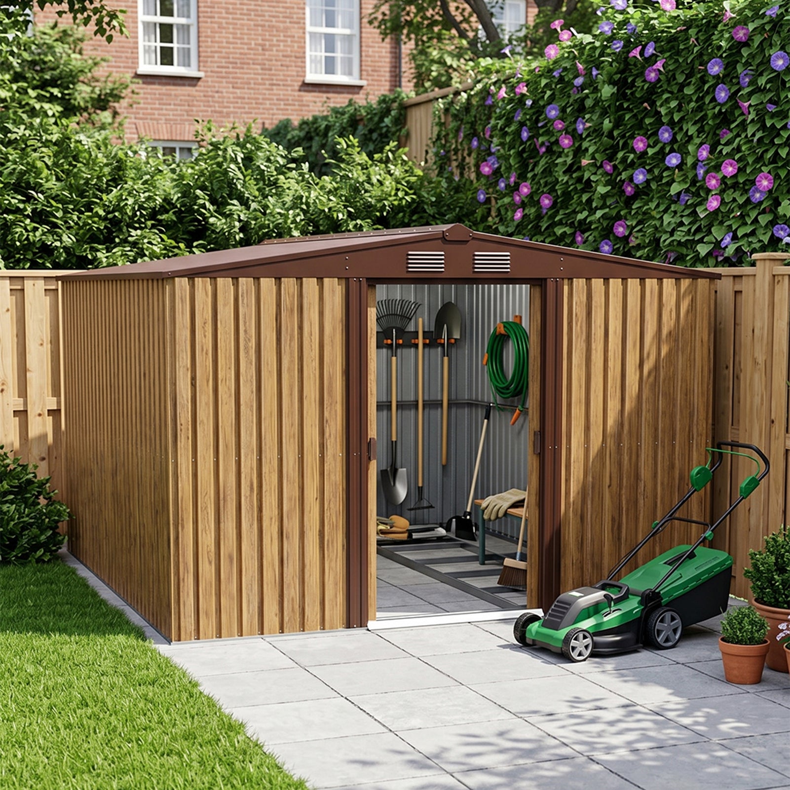10x12ft Wood Grain Metal Garden Storage Shed With Double Sliding Doors