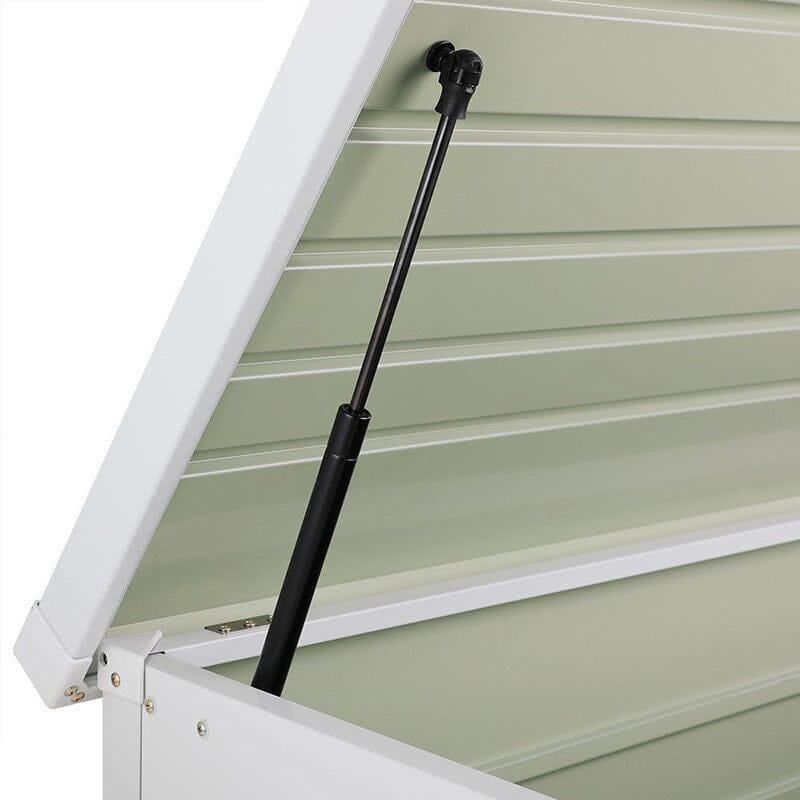 close-up of hinge and hardware on 350L white steel garden storage box – durable metal construction detail
