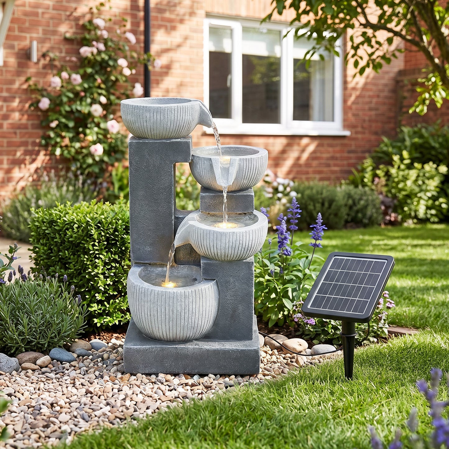 Solar-Powered Garden Water Fountain with Natural Stone Design and LED Lights