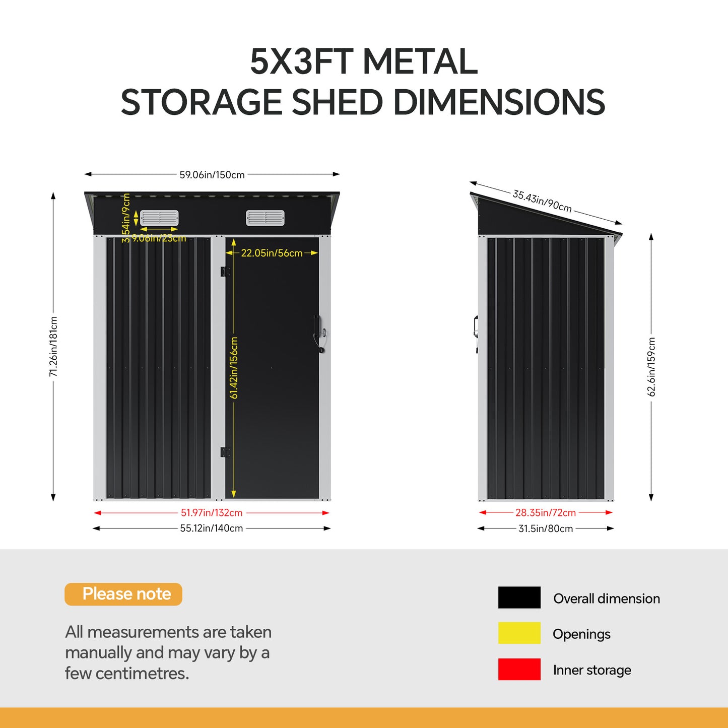 5x3FT Galvanised Metal Garden Shed With Pent Roof Lockable Door