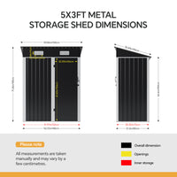 5x3FT Galvanised Metal Garden Shed With Pent Roof Lockable Door