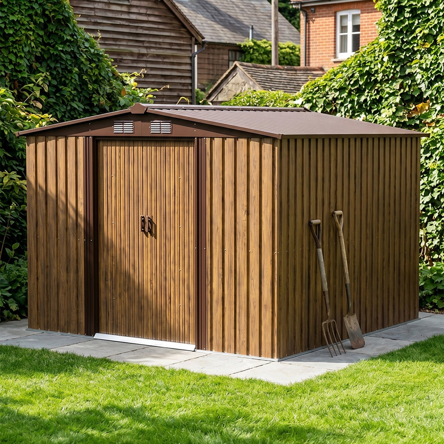 8x8ft Wood Grain Apex Roof Metal Garden Storage Shed With Sliding Doors