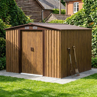 8x8ft Wood Grain Apex Roof Metal Garden Storage Shed With Sliding Doors