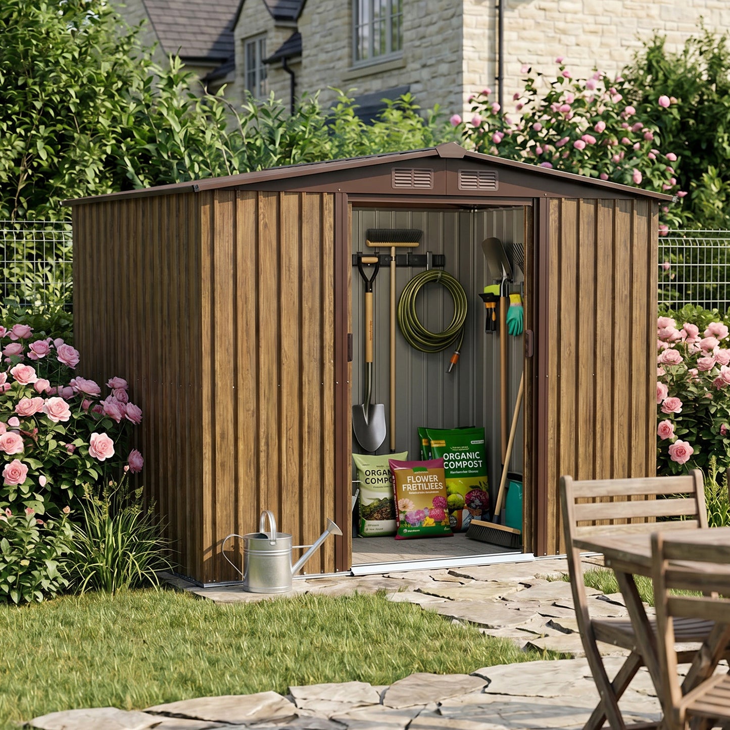 6x8FT Wood Grain Metal Garden Shed With Double Sliding Doors Apex Roof