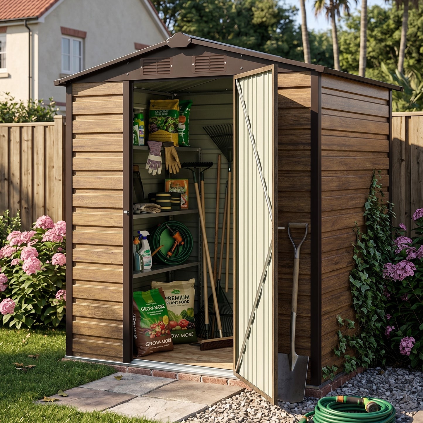 6x4ft Wood Grain Metal Garden Storage Shed With Lockable Door