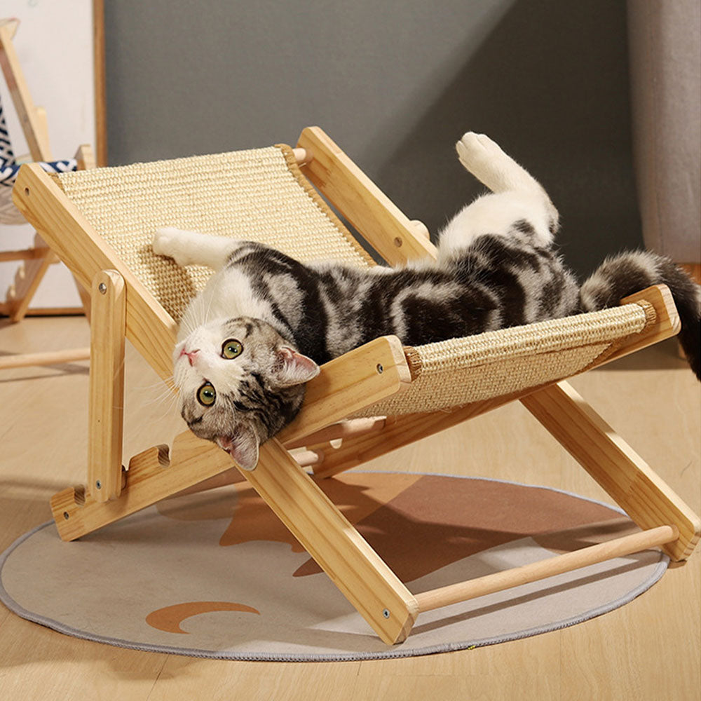 Adjustable sisal cat lounge chair with light wood frame, cat lounging on top
