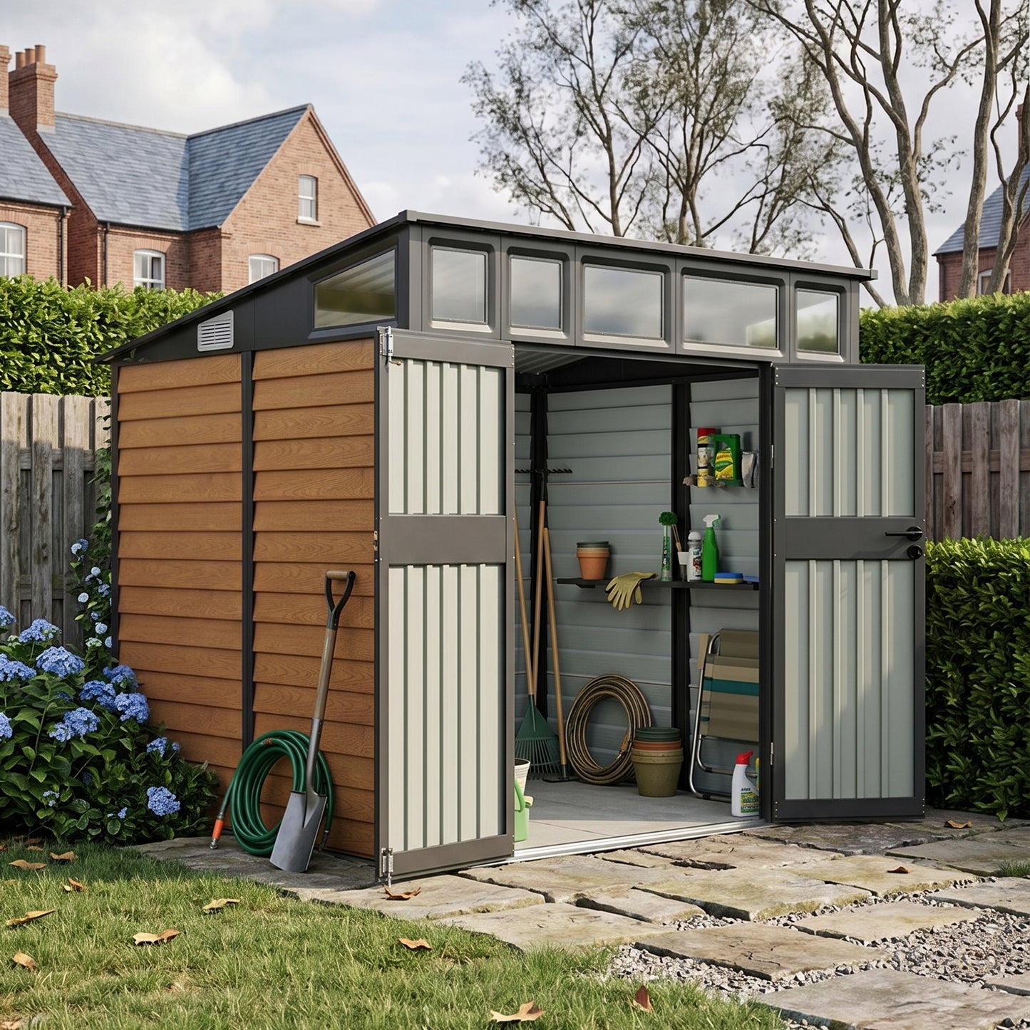 8x7FT Metal Garden Tool Storage Shed with Lockable Double Doors