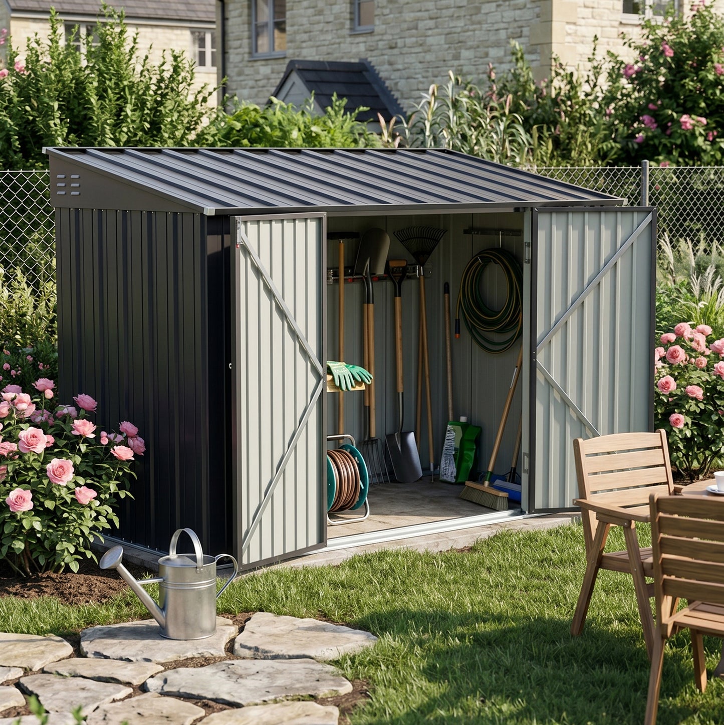 10x5FT Metal Garden Storage Shed with Lockable Double Doors