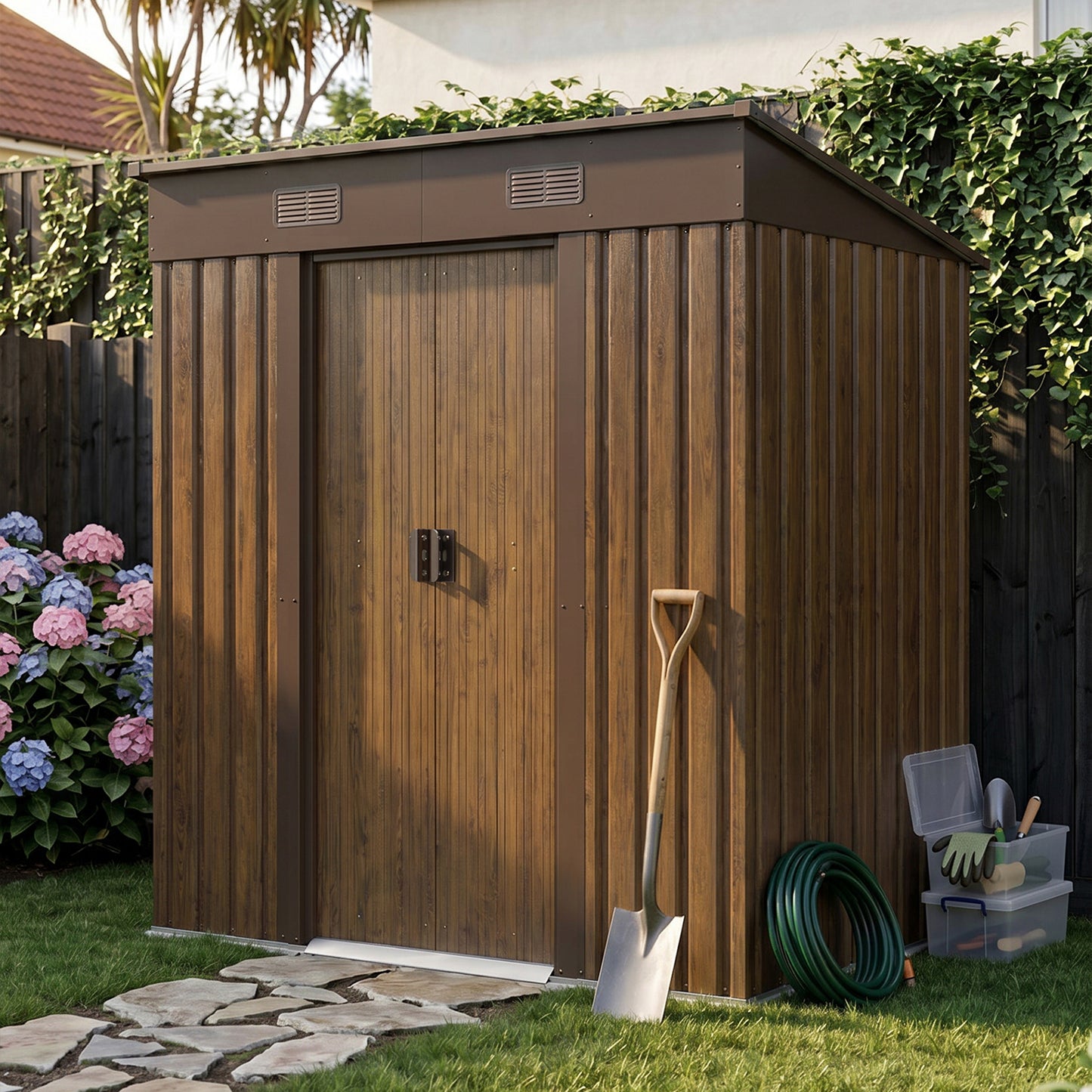 6x4FT Metal Garden Storage Shed with Lockable Sliding Doors