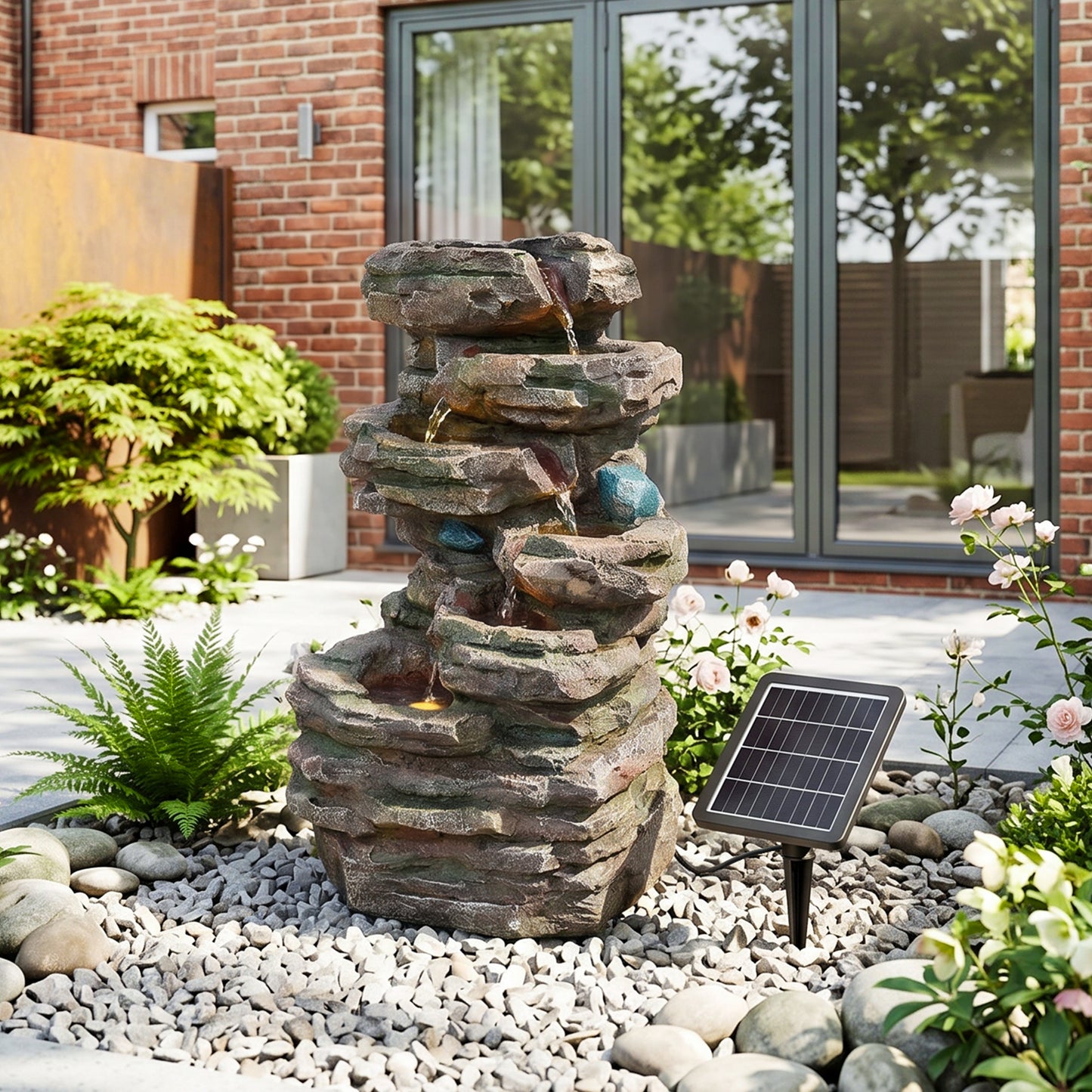 Solar-Powered Outdoor Garden Water Fountain with Cascading Tiers and LED Lights