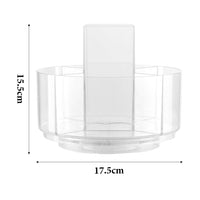 Transparent circular makeup organizer carousel with central brush holder and compartments