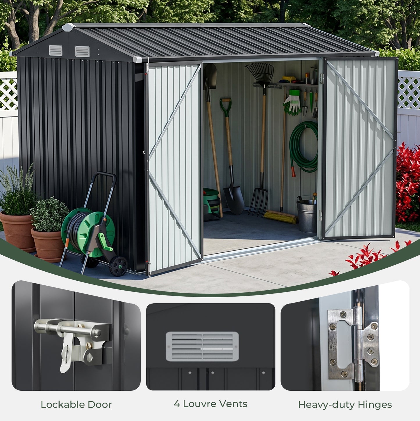 10x7FT Metal Garden Storage Shed with Lockable Double Doors