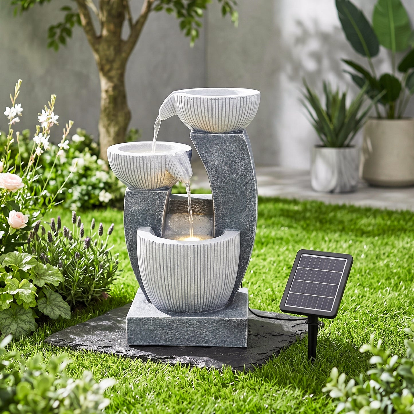 Solar-Powered Garden Water Fountain Natural Stone Look with LED Lights