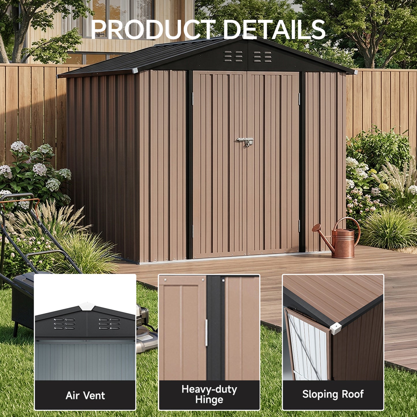 6x8FT Metal Garden Storage Shed with Lockable Double Doors