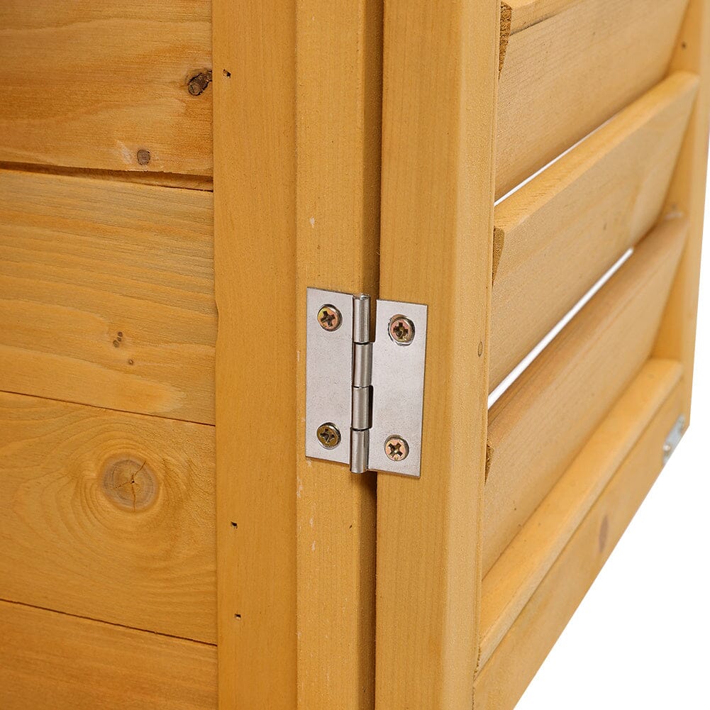 Close-Up of Door Hinges and Metal Hardware on Solid Wood Garden Storage Cabinet – Sturdy Construction Details