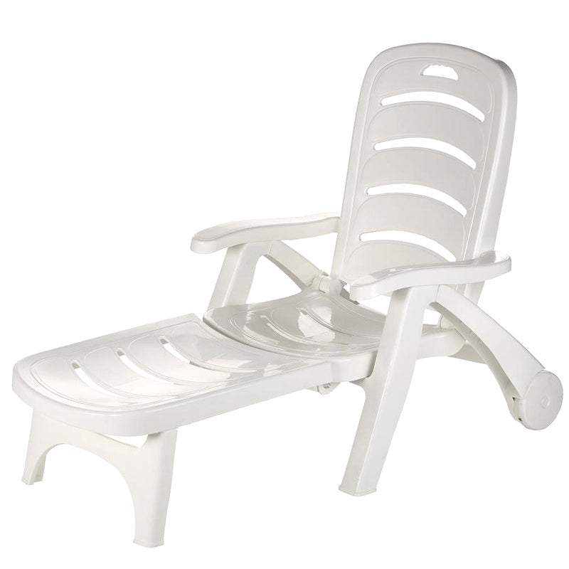 White foldable garden recliner with wheels – lightweight and durable outdoor lounger chair