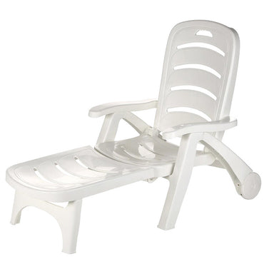 White foldable garden recliner with wheels – lightweight and durable outdoor lounger chair