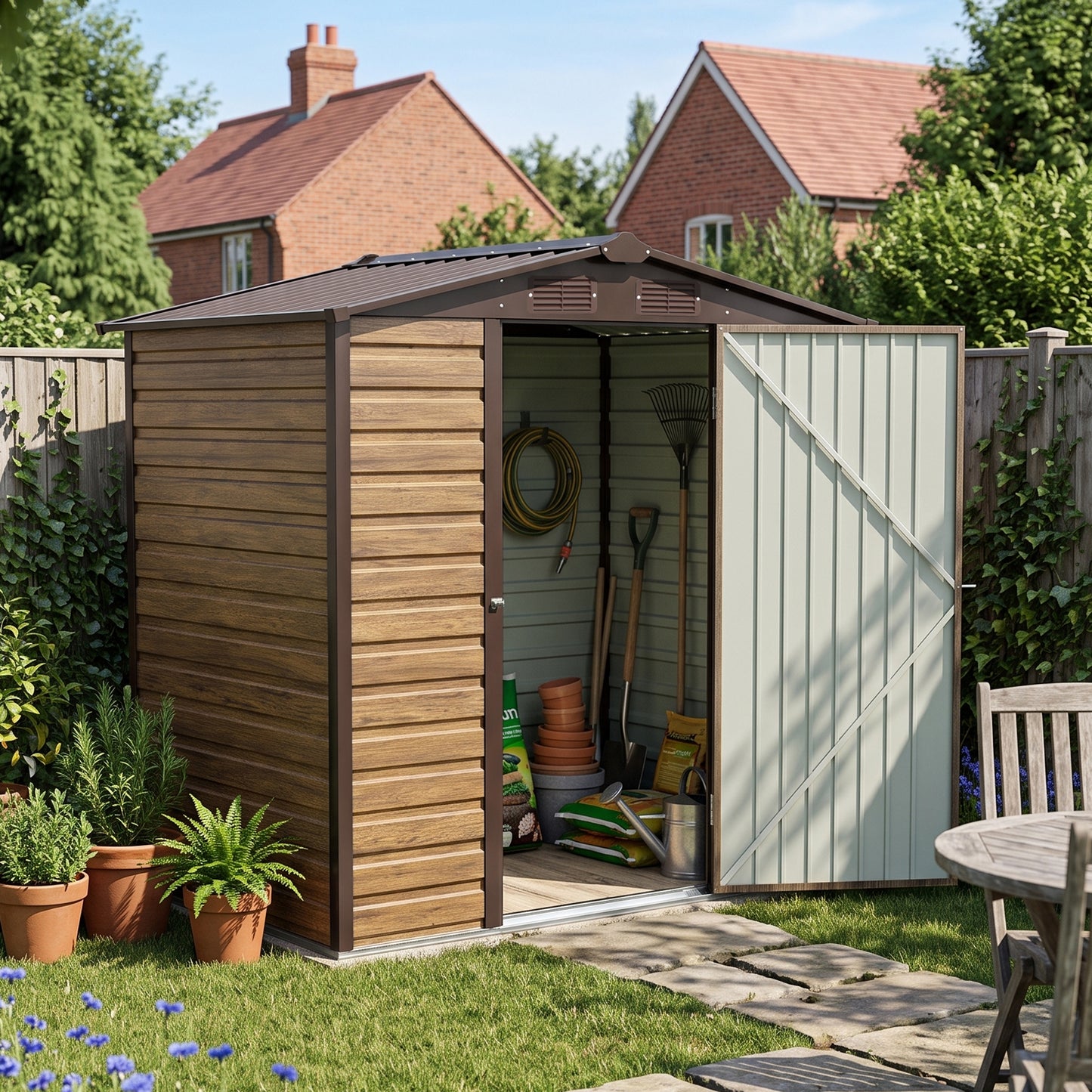 6x4ft Wood Grain Metal Garden Storage Shed With Lockable Door