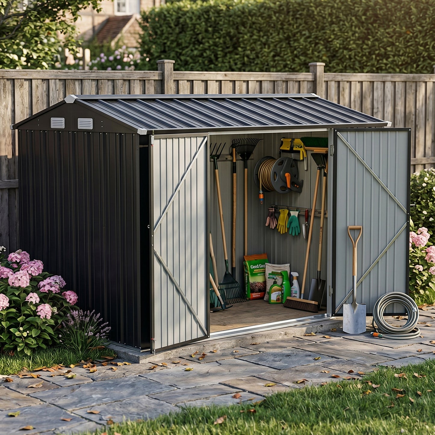 10x7FT Metal Garden Storage Shed with Lockable Double Doors