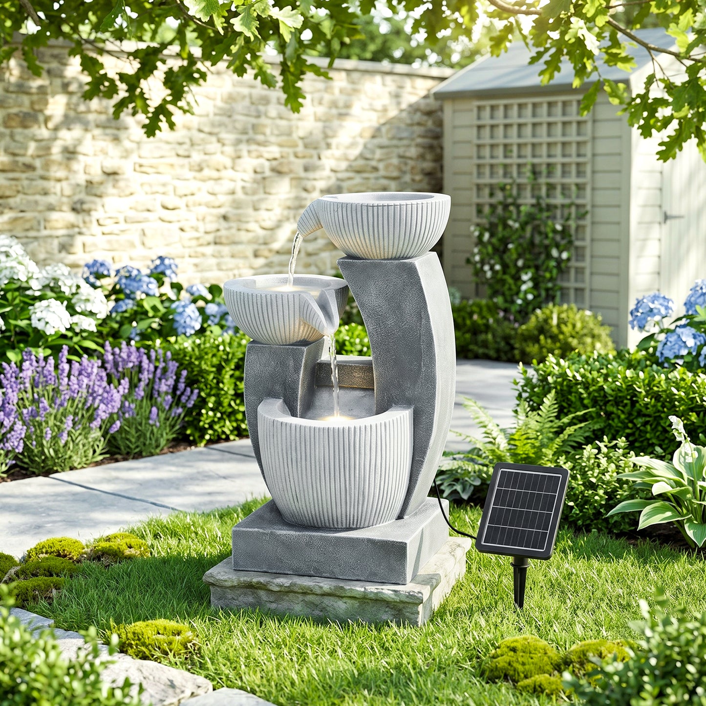 Solar-Powered Garden Water Fountain Natural Stone Look with LED Lights