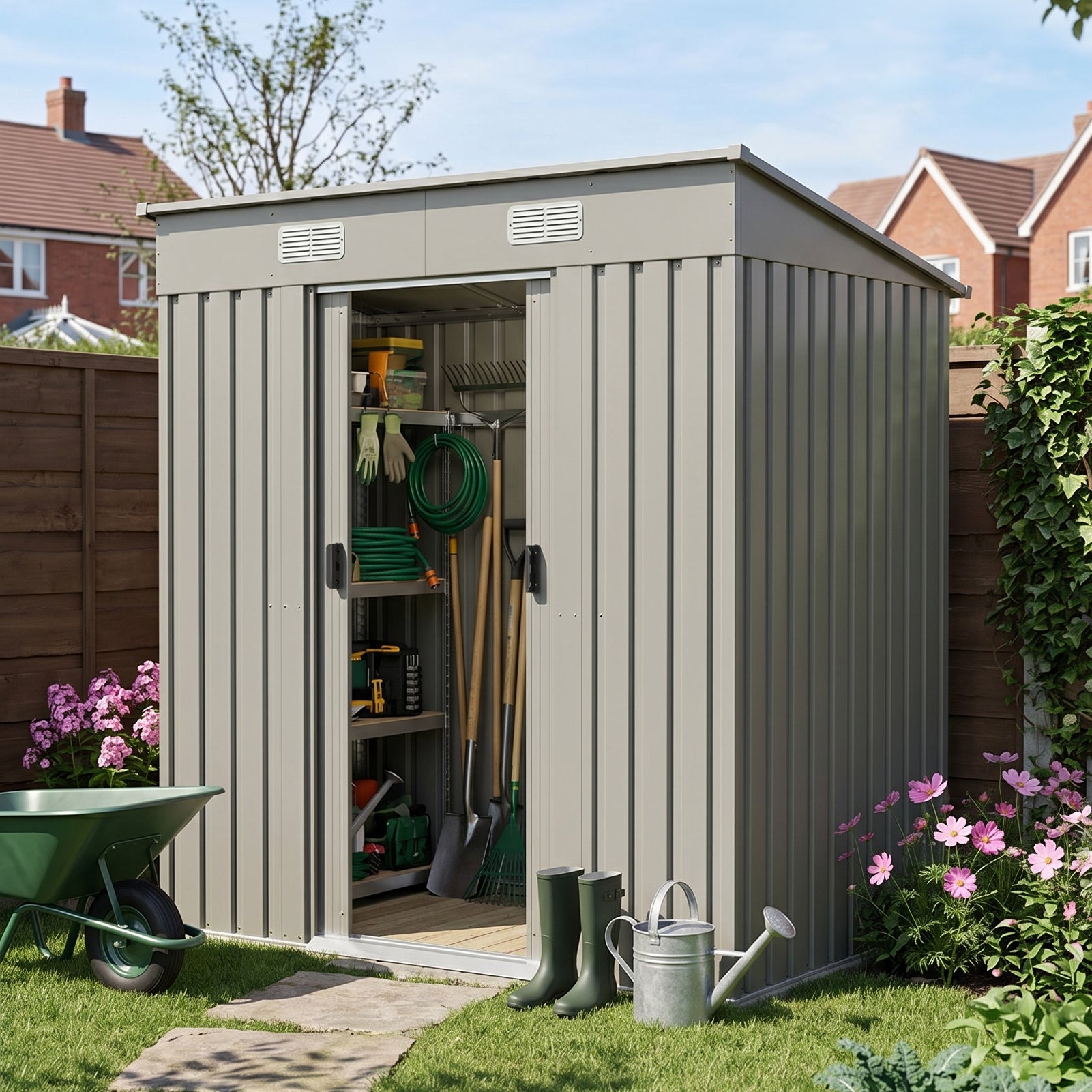 6x4FT Metal Garden Storage Shed with Lockable Sliding Doors
