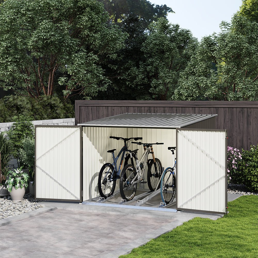garden view of open grey bike shed revealing secure bicycle storage with ample space