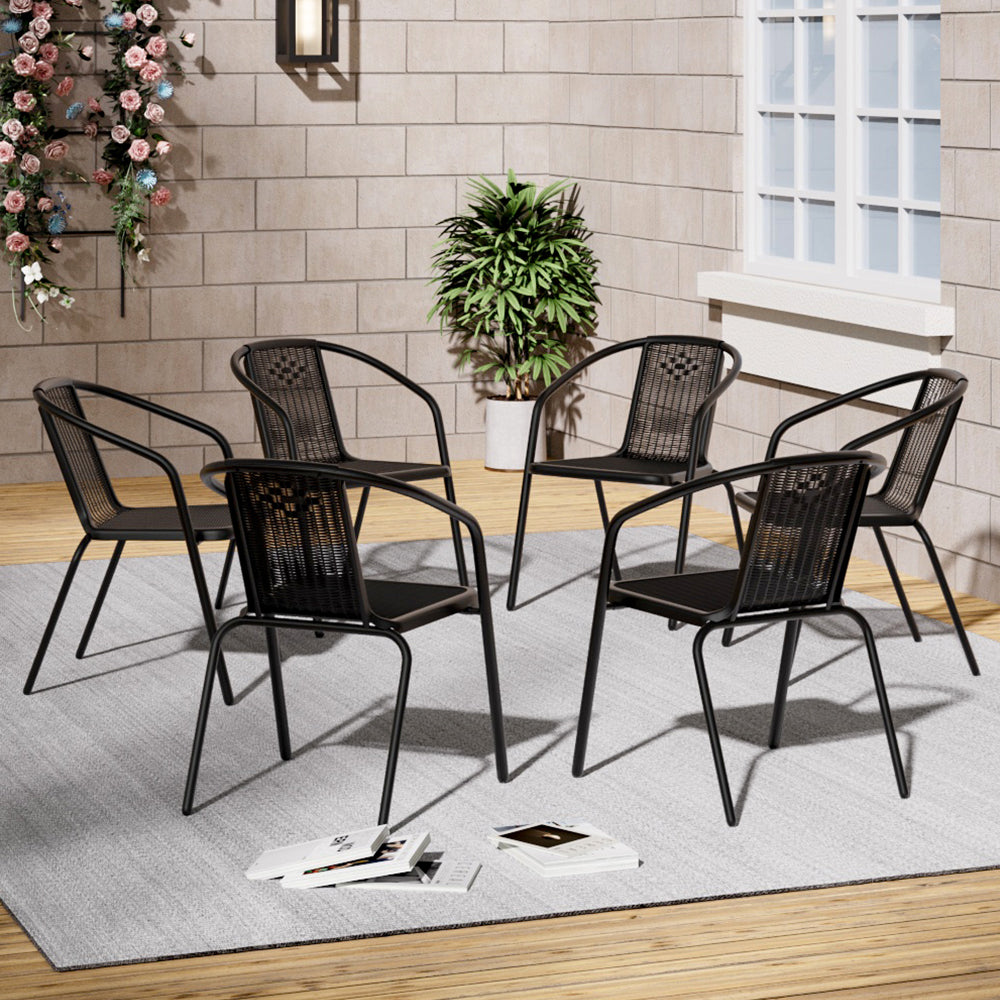 Set of 6 Black PE Rattan Stacking Garden Chairs – Modern Outdoor Patio Seating
